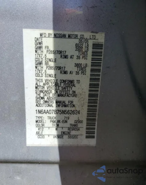 2005 Nissan Titan Xe из США, поврежденный, VIN 1N6AA07B75N562624